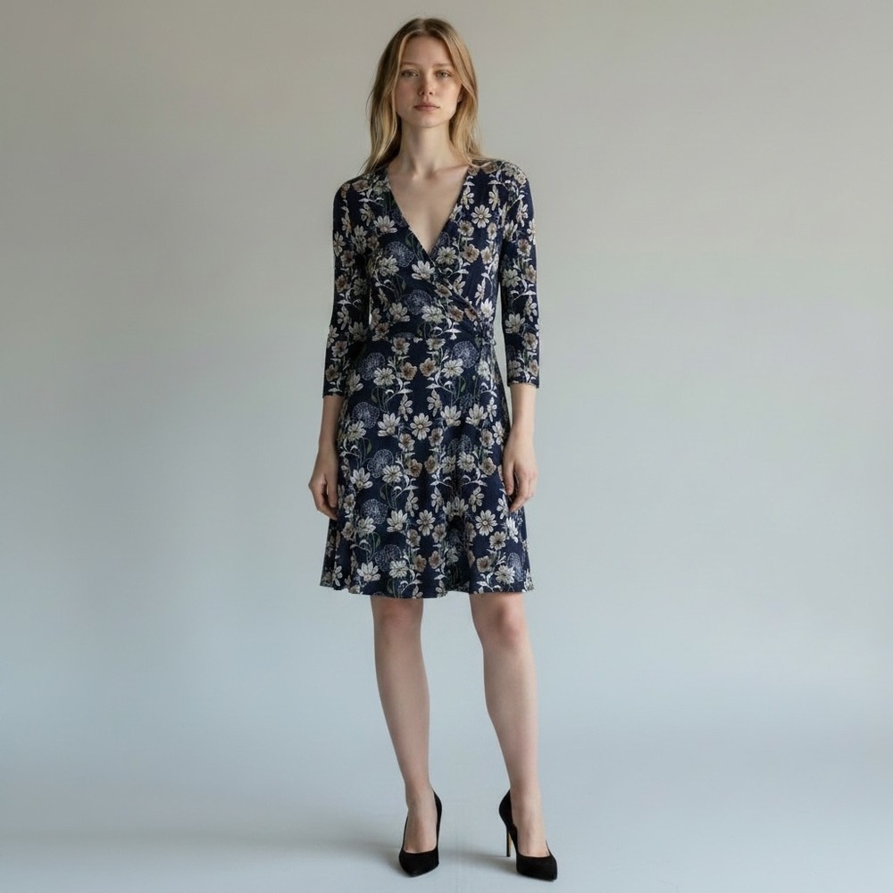 ModCloth Navy Blue Floral Faux Wrap A-Line Dress 3/4 Sleeve Retro NWT Size S